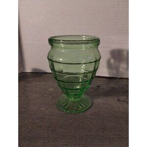Green Block Optic Uranium Glass Vase 5" Ribbed Design Vintage Style